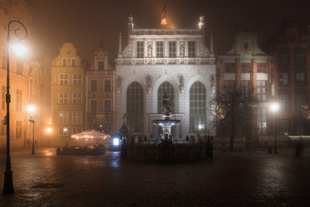 Foggy scenery of the Long Lane street in the main town of Gdansk. Polandの写真素材