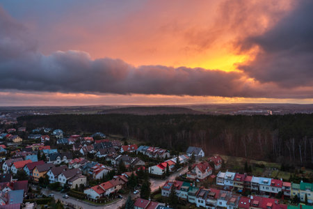 Amazing sunset over the Rotmanka village in Polandの写真素材