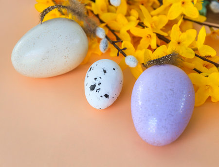 Composition of flowers and Easter eggs on a pastel backgroundの写真素材