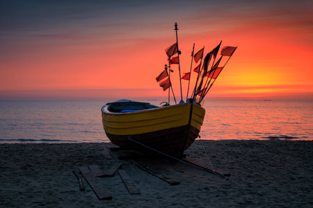 Beautiful sunrise on the beach of Baltic Sea in Sopot, Polandの写真素材
