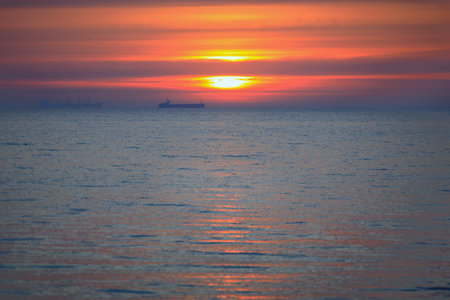 Beautiful sunrise on the beach of Baltic Sea in Sopot, Polandの写真素材