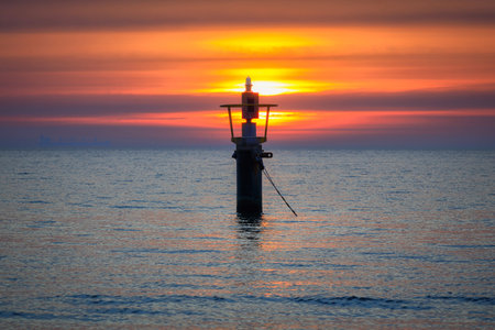 Beautiful sunrise on the beach of Baltic Sea in Sopot, Polandの写真素材