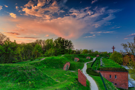 Beautiful blooming tree and the Main City of Gdansk at spring sunset, Polandの写真素材