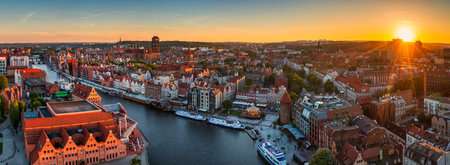 Aerial landscape of the Main Town of Gdansk by the Motlawa river, Poland.の写真素材