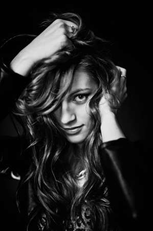 Portrait of woman model with shiny long hairの写真素材