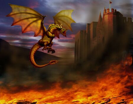 fire-breathing dragon flying around the castleの写真素材