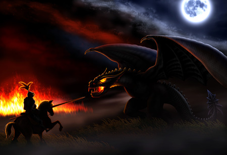 the moon and the fire lit uthe night and a knight ready to battle with the dragonの写真素材