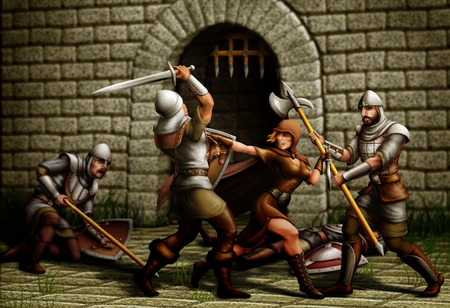 assassin girl / A girl assassin is trying to break through city's guards with struggleの写真素材