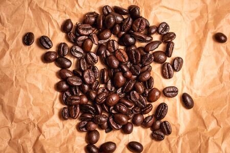 Roasted coffee beans texture, used as a background.Flat lay, top view, copy space.の写真素材