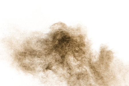 Brown particles splash on white background. Brown dust splatter.の写真素材