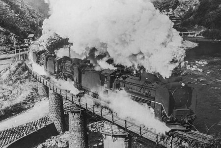 Old black and white photo of Japanese steam locomotive D51の写真素材