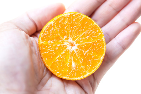 oranges haft slice on hand isolated on white backgroundの写真素材