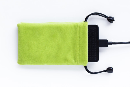 Velvet bag, pouch for external hard disk.の写真素材