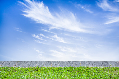 soft light blue sky cloudy white with green grass ground.の写真素材