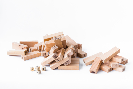 blocks wood tower game on white background.の写真素材