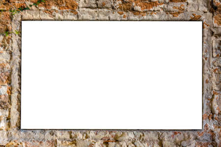 White board on a brick background. Blank advertising billboard for art work design or add text...