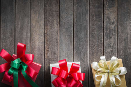 Special Gift box decoration on old wooden floor with ribbon for add text message. concept of...