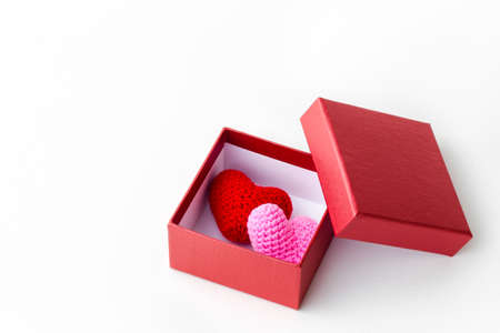 Special Gift open box with Heart Knitting inside box for decoration on background. Concept of love and greeting card valentine day for add text message.の写真素材