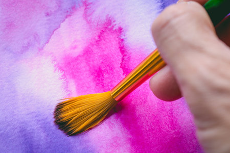Abstract Hand painted Watercolor Colorful wet texture background with paint brushes on paper. picture for creative wallpaper or design art work. Pastel colors toneの写真素材