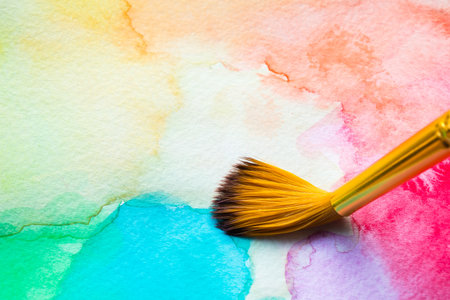 Abstract Hand painted Watercolor Colorful wet texture background with paint brushes on paper. picture for creative wallpaper or design art work. Pastel colors toneの写真素材