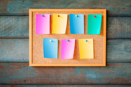 abstract paper note pin on cork board. Blank notes for add text message or design website. sticker noteの写真素材