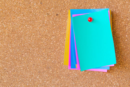 abstract paper note pin on cork board. Blank notes for add text message or design website. sticker noteの写真素材