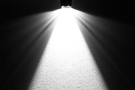 LED black flashlight for background. abstract spotlight on white texture. picture backdrop for add showcase premium product or add text message.の写真素材