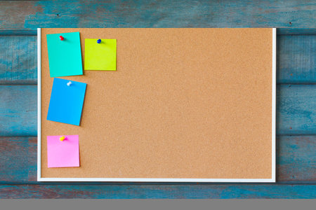 abstract paper note pin on cork board. Blank notes for add text message or design website. sticker noteの写真素材