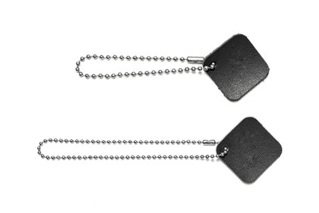 Leather tag on white background. leather labelsの写真素材