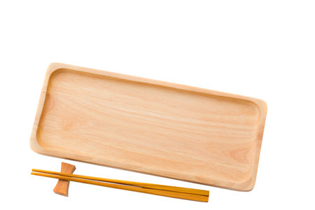 Empty sushi tray board on white background. Top view of plank wood for graphic stand product, interior design or montage display your product.の写真素材