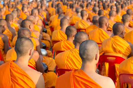 Buddhist monks meditating togetherの写真素材