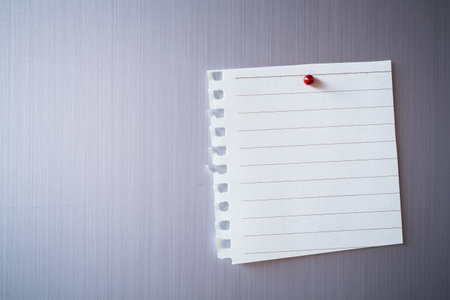 Empty paper sheet on refrigerator door. Note paper with magnetic. Valentine send text love message. Memory note story everyday.の写真素材