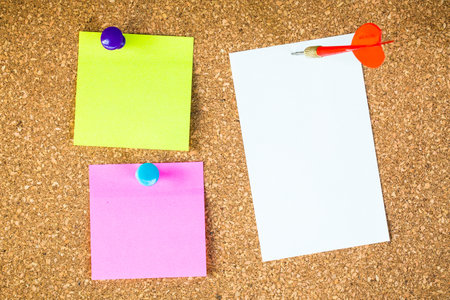 abstract paper note pin on cork board. cork board with blank notes. sticker noteの写真素材