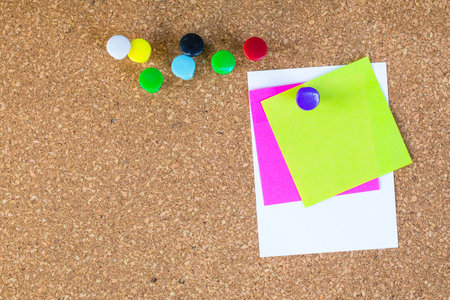 abstract paper note pin on cork board. cork board with blank notes. sticker noteの写真素材