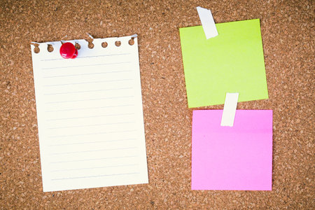 abstract paper note pin on cork board. cork board with blank notes. sticker noteの写真素材