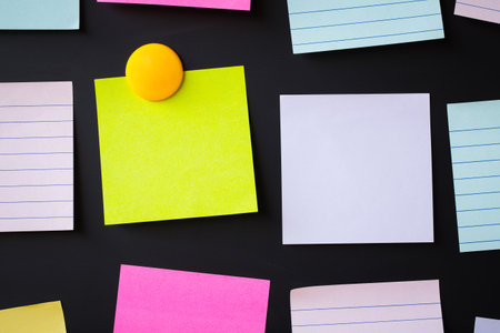 paper note on empty Blank chalkboard magnet. blank notes. sticker note empty space for add text.の写真素材