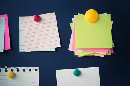 paper note on empty Blank chalkboard magnet. blank notes. sticker note empty space for add text.の写真素材