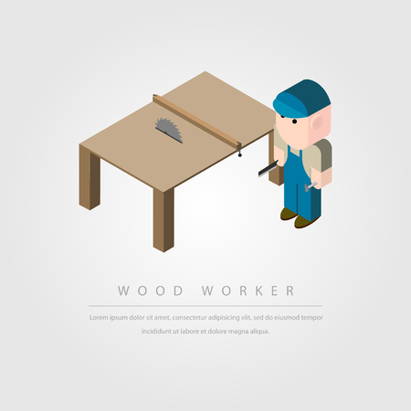 woodworker and table saw on gray background vector illustrationのイラスト素材
