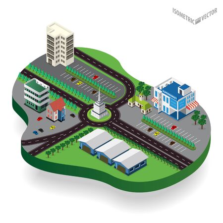isometric city center with building, road, car. Isometric city map.のイラスト素材