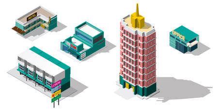 Set of 3d detailed isometric city buildings:office,tower,motel,store, skyscrapers, real estate, public buildings, hotels. Building icons collectionのイラスト素材