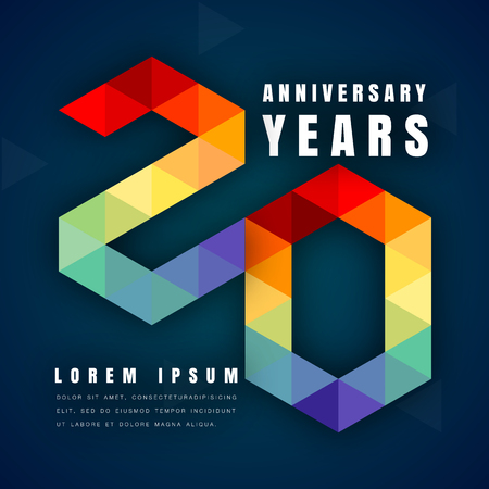 Anniversary emblems celebration logo, 20th birthday vector illustration, with dark blue background, modern geometric style and colorful polygonal design. 20 anniversary template designのイラスト素材