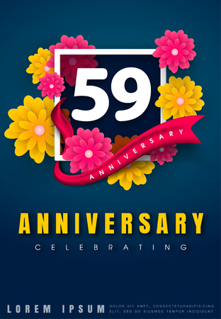59 years anniversary invitation card - celebration template design , 59th anniversary with flowers and modern design elements, dark blue background - vector illustrationのイラスト素材