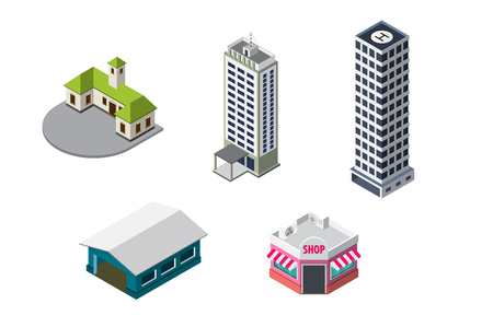 Flat 3d isometric public buildings block infographic concept. factory , building ,shop, house .のイラスト素材