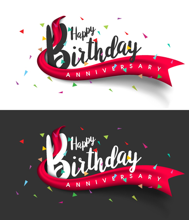 Happy Birthday Typographic vector design for greeting card, birthday card, invitation card with ribbon, isolated text, lettering composition. Vector Illustrationのイラスト素材