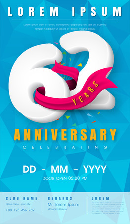 62 years anniversary invitation card or emblem  with background polygon and pink ribbon.のイラスト素材