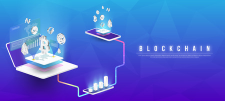 Cryptocurrency and blockchain isometric composition with Isometric phone, laptop. Smart object and smart technology design.のイラスト素材