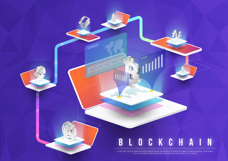 Cryptocurrency and blockchain isometric composition with Isometric phone, laptop. Smart object and smart technology design. 3d vector illustration. analysts and managers working on blockchain start upのイラスト素材