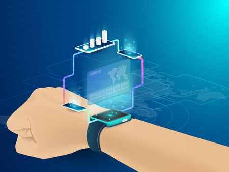 Smart technology and Cryptocurrency and blockchain Isometric Concept. modern technology with Mobile Phone and smart watch. analysts and managers working on blockchain start upのイラスト素材