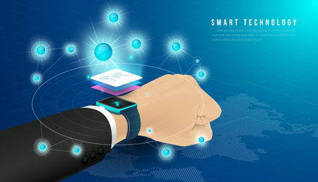 Smart technology and Cryptocurrency and blockchain Isometric Concept. modern technology with Mobile Phone and smart watch. analysts and managers working on blockchain start upのイラスト素材
