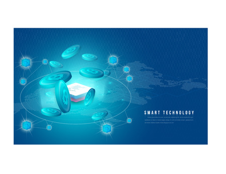 Concept of big data processing, energy station of future, data center, Cryptocurrency and blockchain isometric composition Smart object and smart technology design. for working on blockchain start up.のイラスト素材
